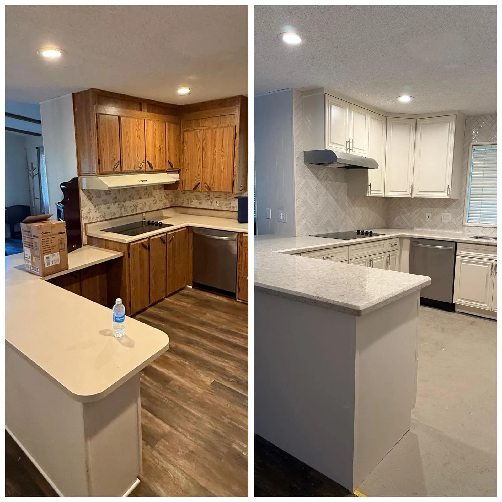 Before and after of a kitchen — oak cabinets replaced by white raised-panel cabinets with a herringbone backsplash