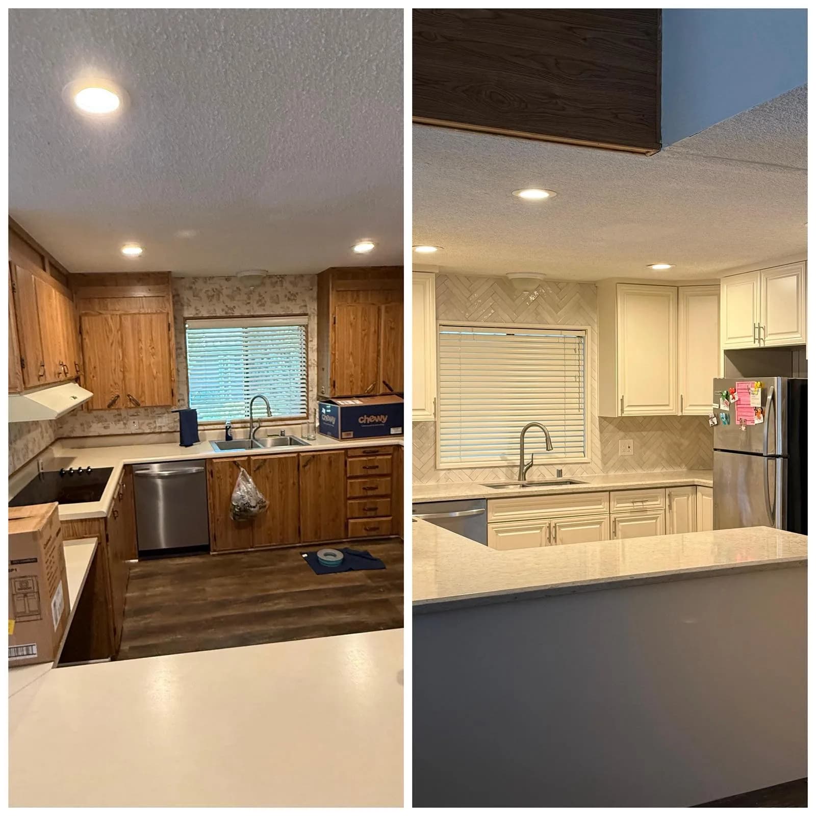 Before and after of a kitchen sink wall remodeled with white raised-panel cabinets and quartz counters
