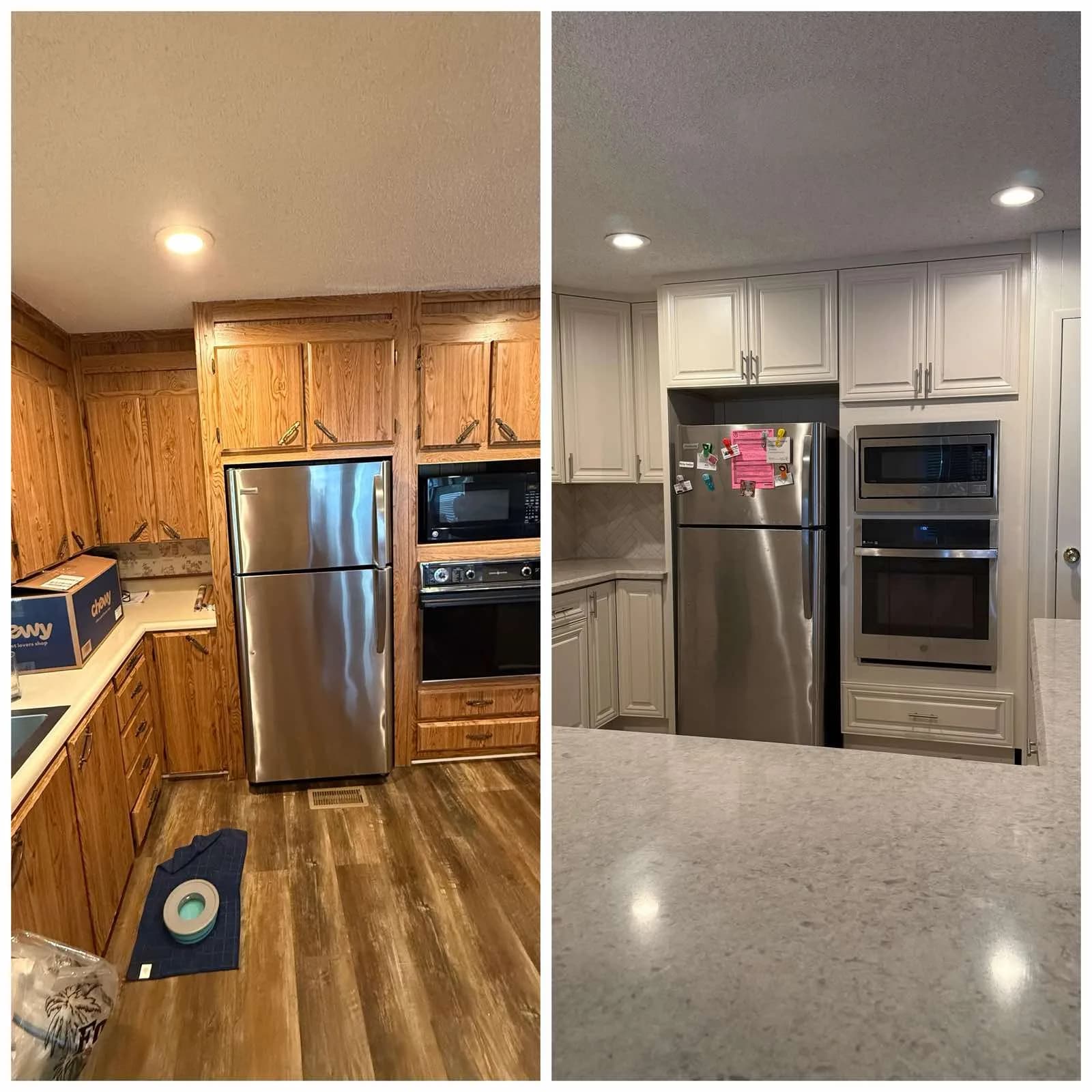 Before and after of a kitchen appliance wall with new built-in wall oven and microwave