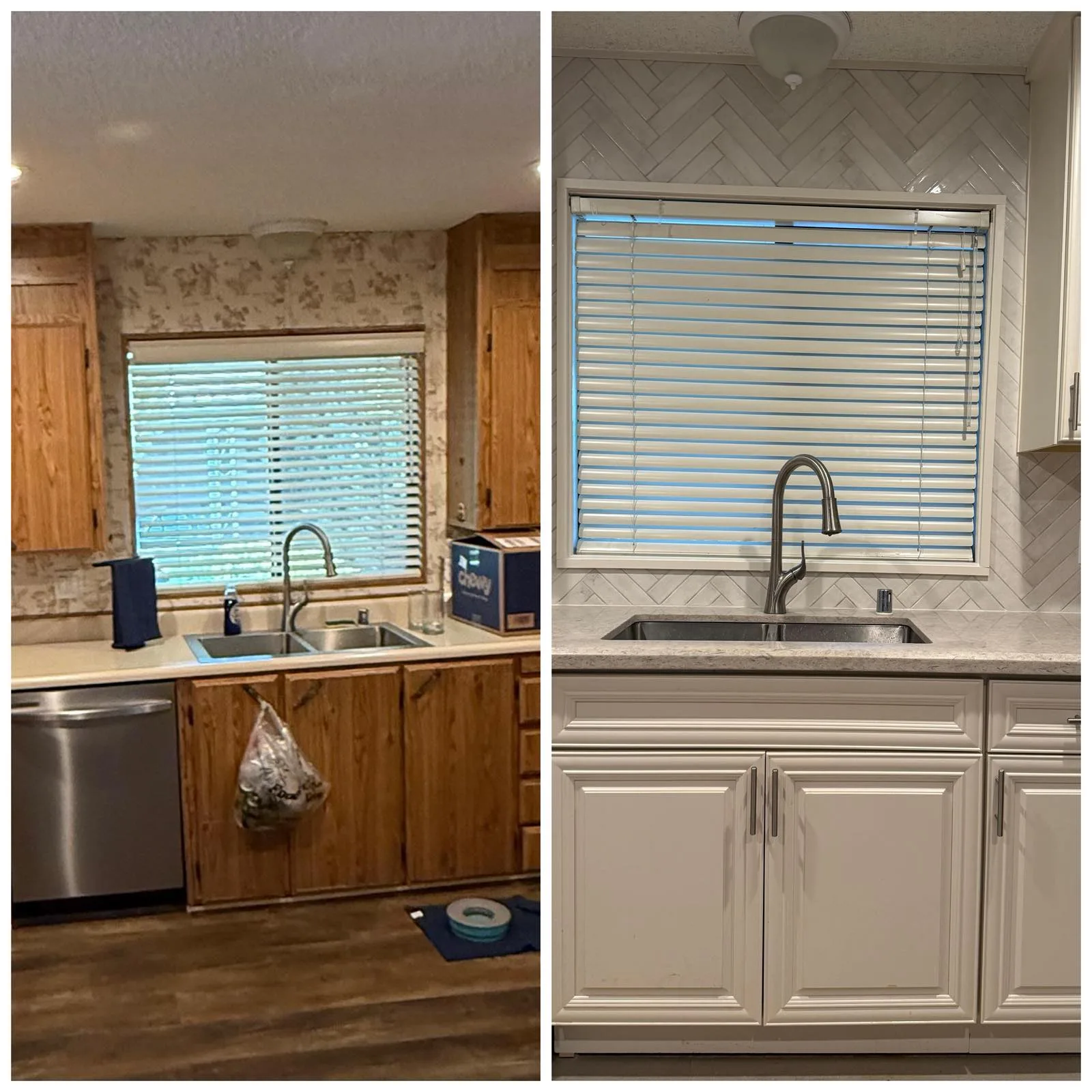 Before and after of the kitchen sink wall — oak and laminate replaced by white cabinets, quartz, and herringbone tile