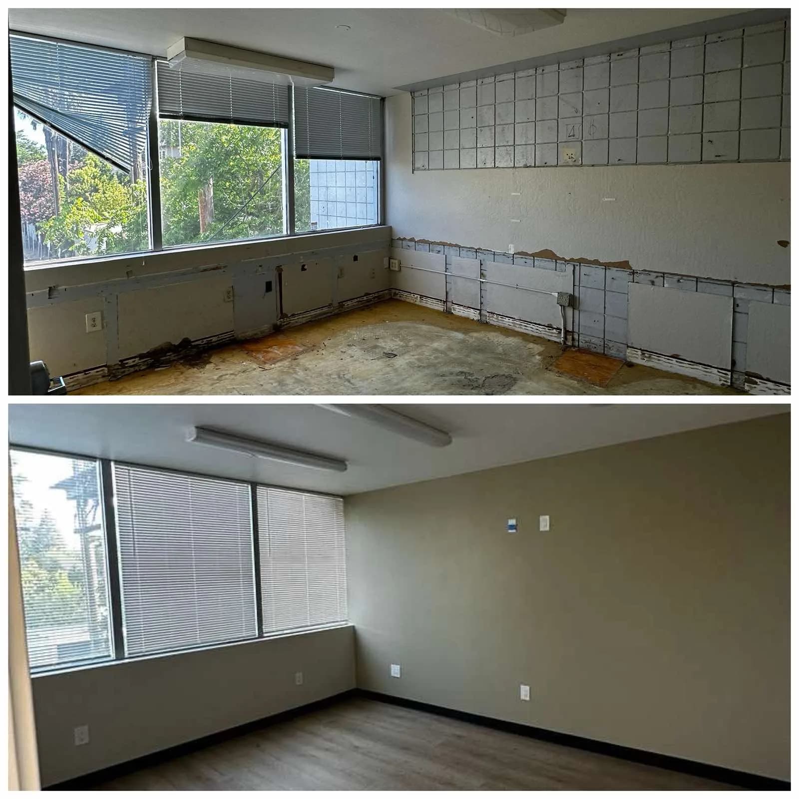 Before and after of a commercial suite renovation — dated room with built-in cubbies rebuilt as a modern office