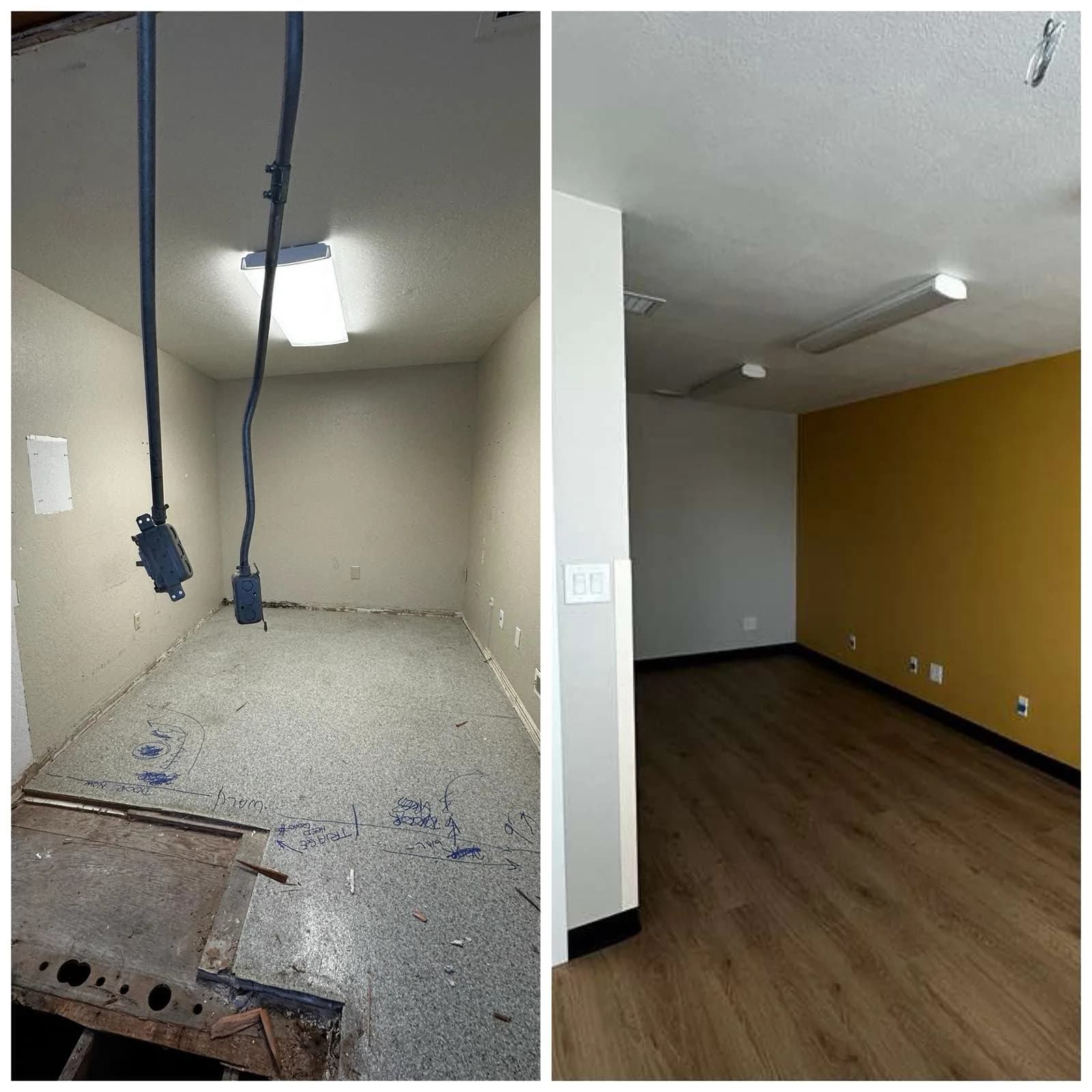 Before and after of a private office — bare room with exposed wiring finished with an accent wall and wood-look flooring
