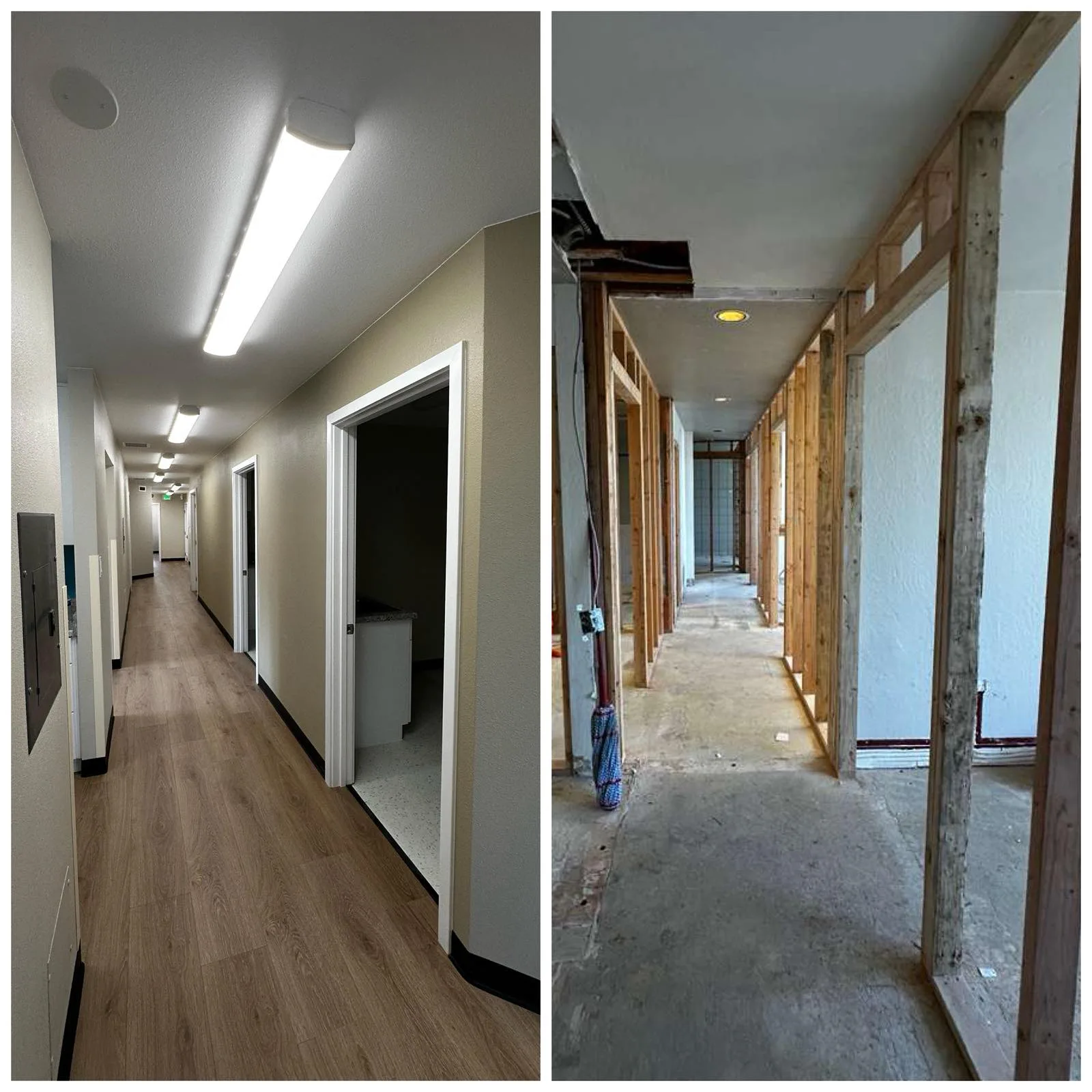 Corridor of a commercial building during stud framing and after completion with wood-look flooring