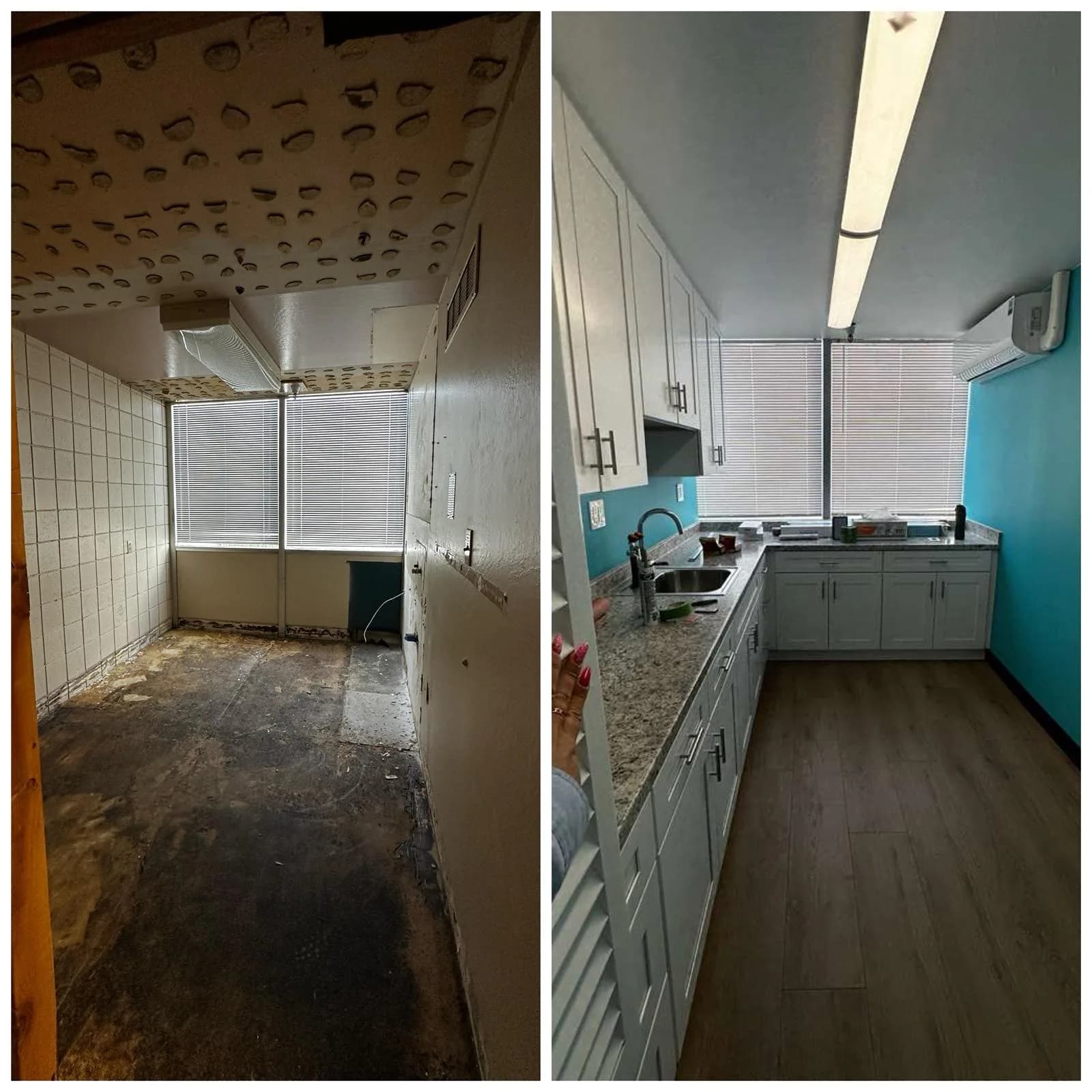 Before and after of a suite kitchenette — gutted framing rebuilt with white shaker cabinets and a teal accent wall