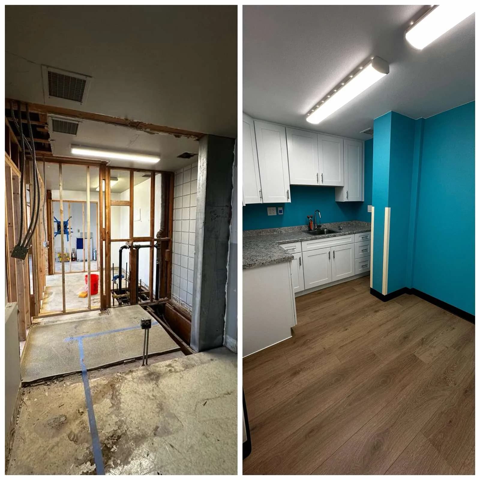 Before and after of a commercial breakroom rebuilt with new cabinets and granite-look counters