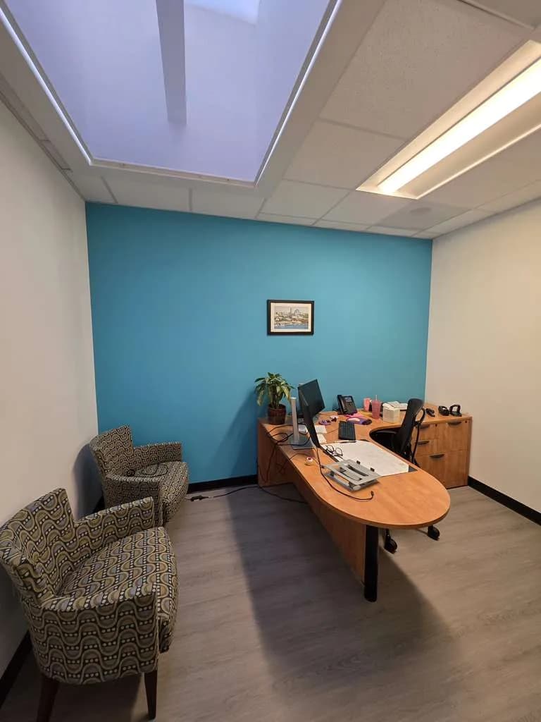 Private office with skylight, accent wall, and wood veneer desk
