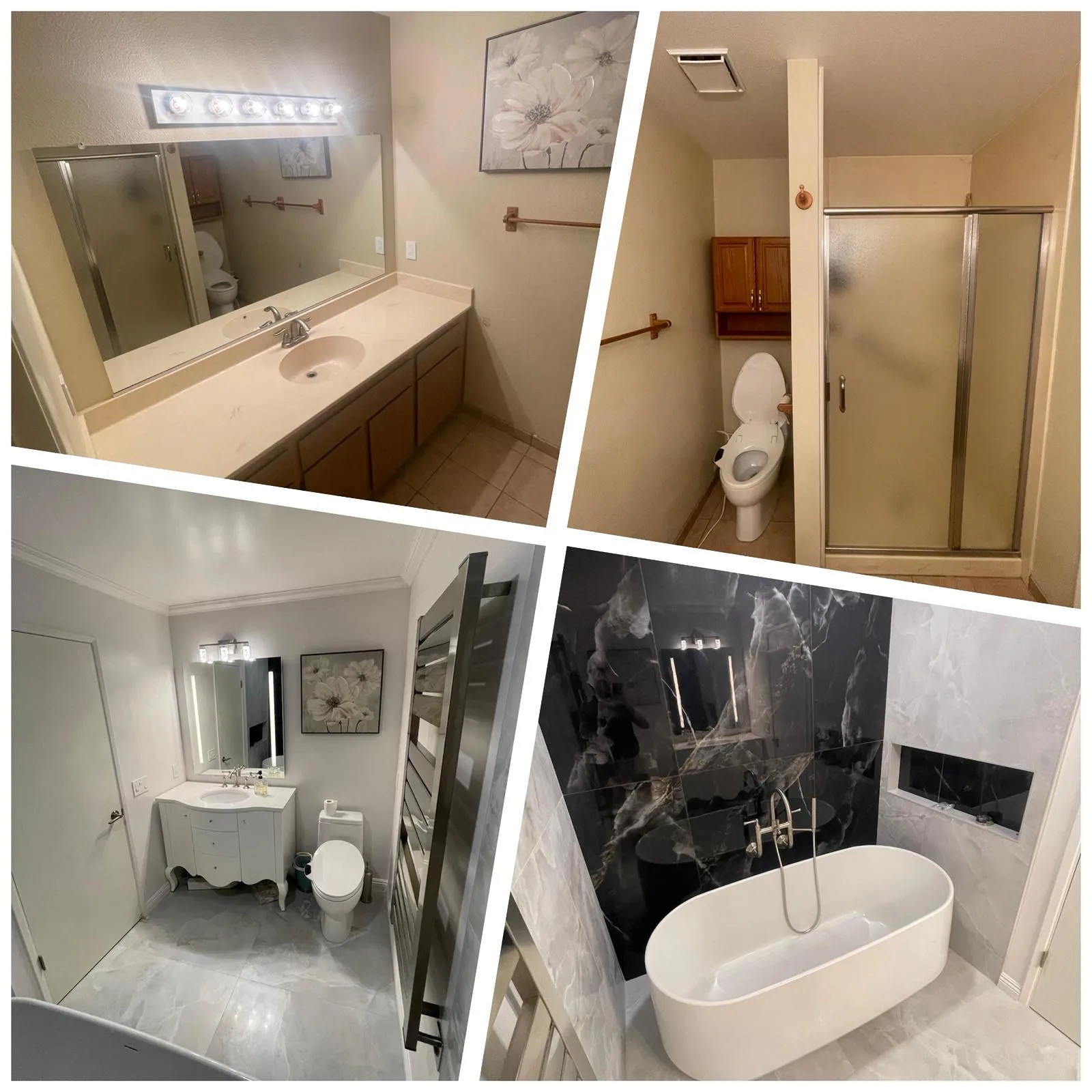 Before and after of a master bathroom remodel — oak vanity and sliding shower door replaced by a freestanding tub and black marble accent wall