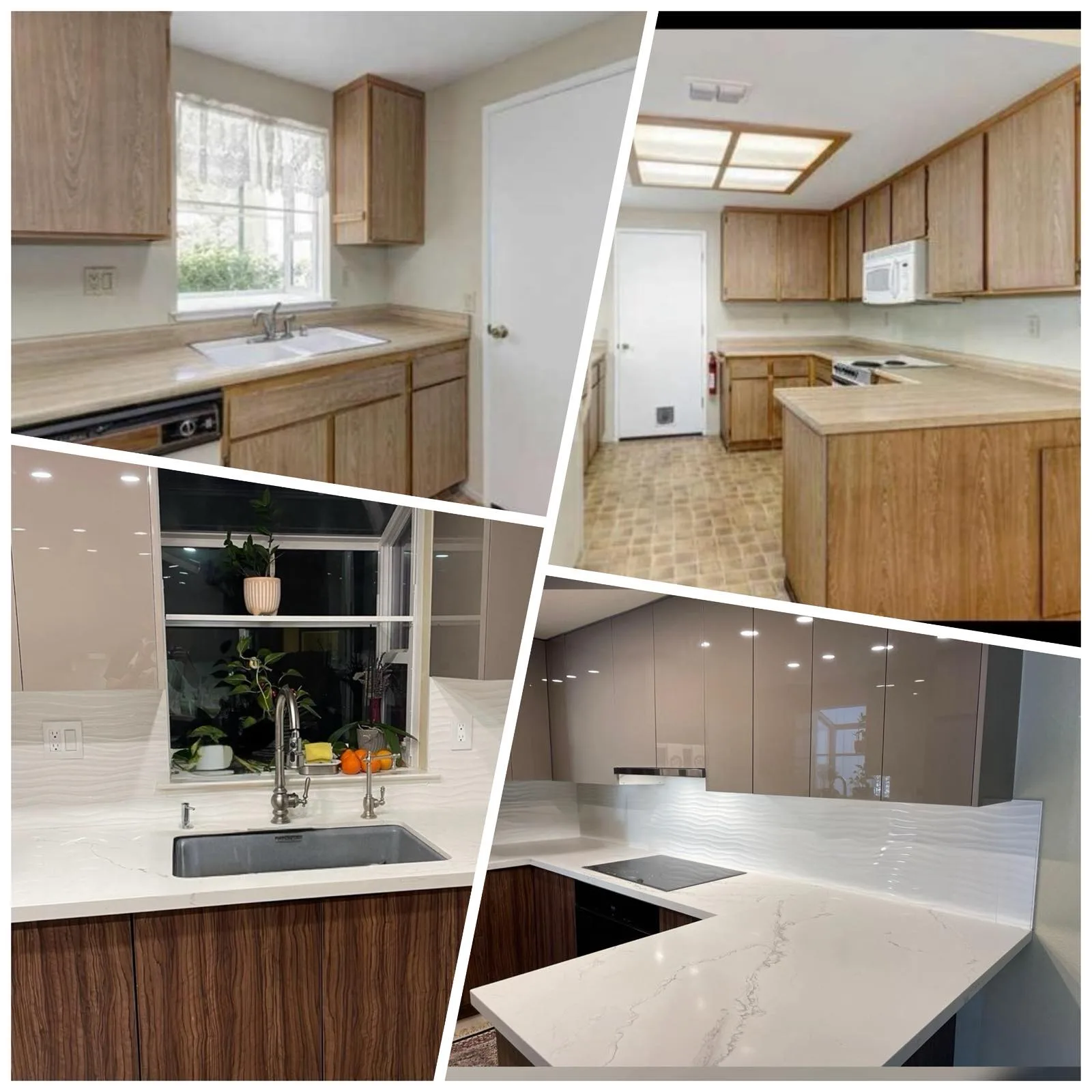 Before and after of a kitchen remodel — honey oak cabinets replaced by two-tone taupe and wood-grain cabinetry with white quartz counters